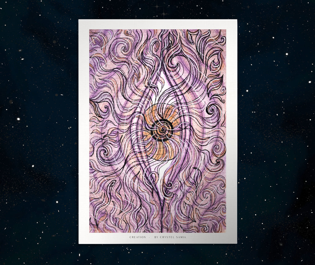 "Creation" Art Print Artwork line Art patterns colorful Signed by Artist organic visionary home decoration wall hangings watercolor and ink