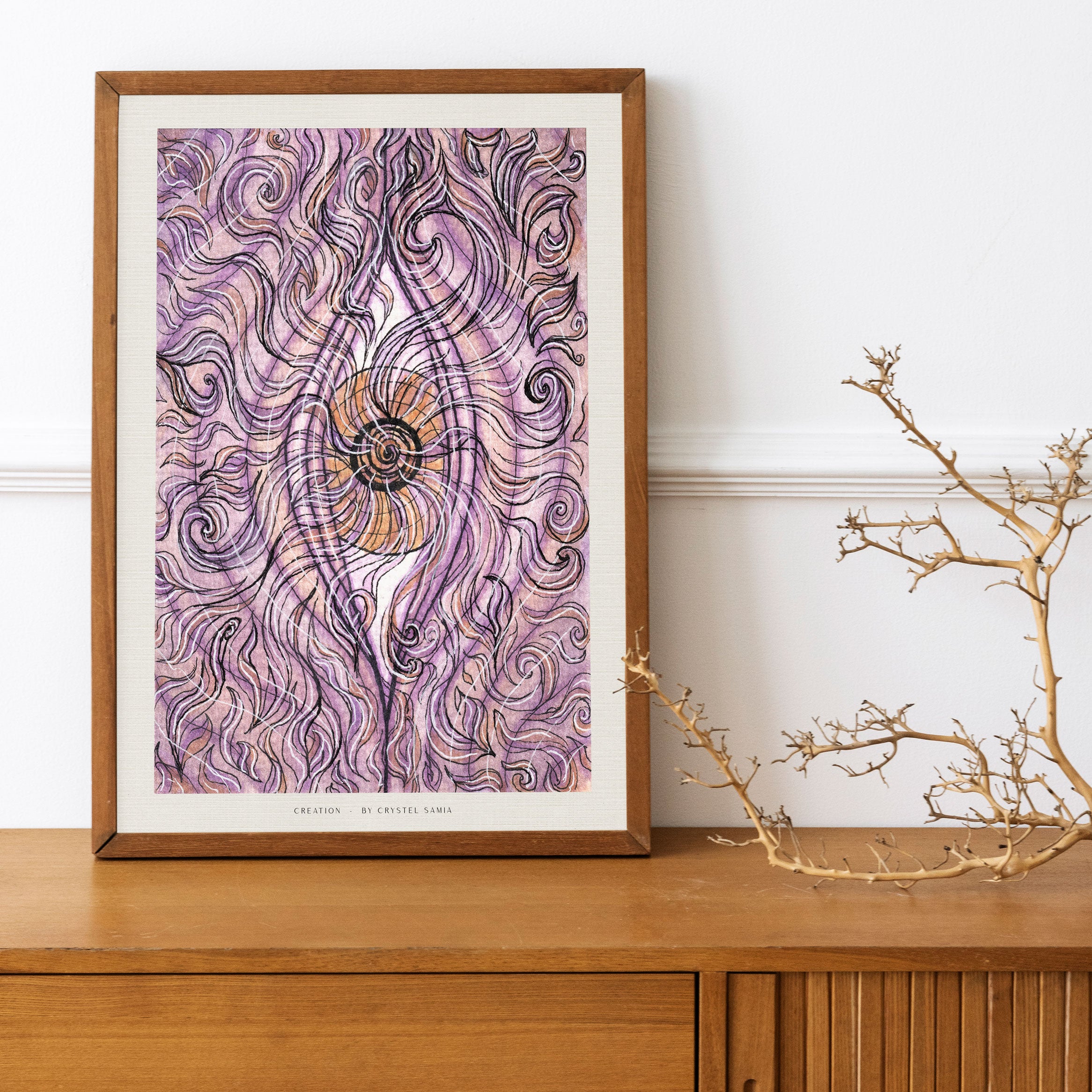 "Creation" Art Print Artwork line Art patterns colorful Signed by Artist organic visionary home decoration wall hangings watercolor and ink