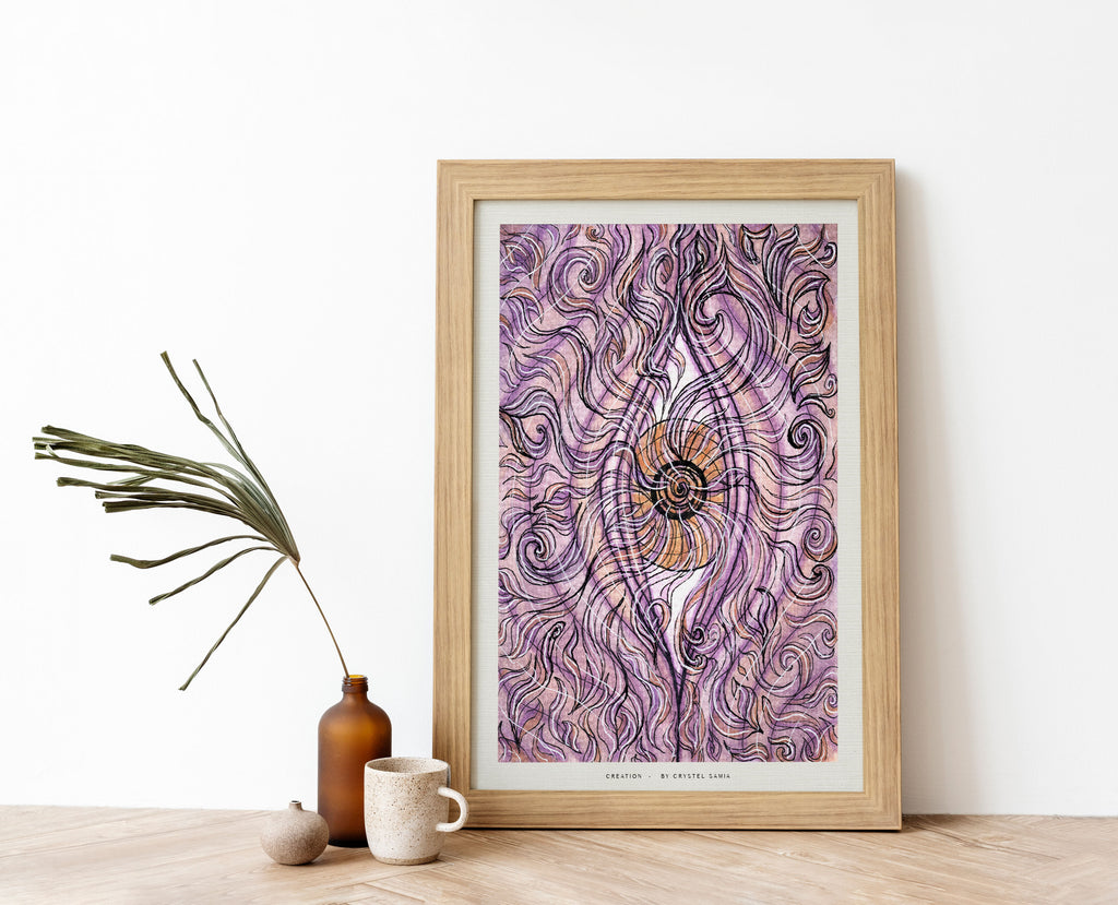"Creation" Art Print Artwork line Art patterns colorful Signed by Artist organic visionary home decoration wall hangings watercolor and ink
