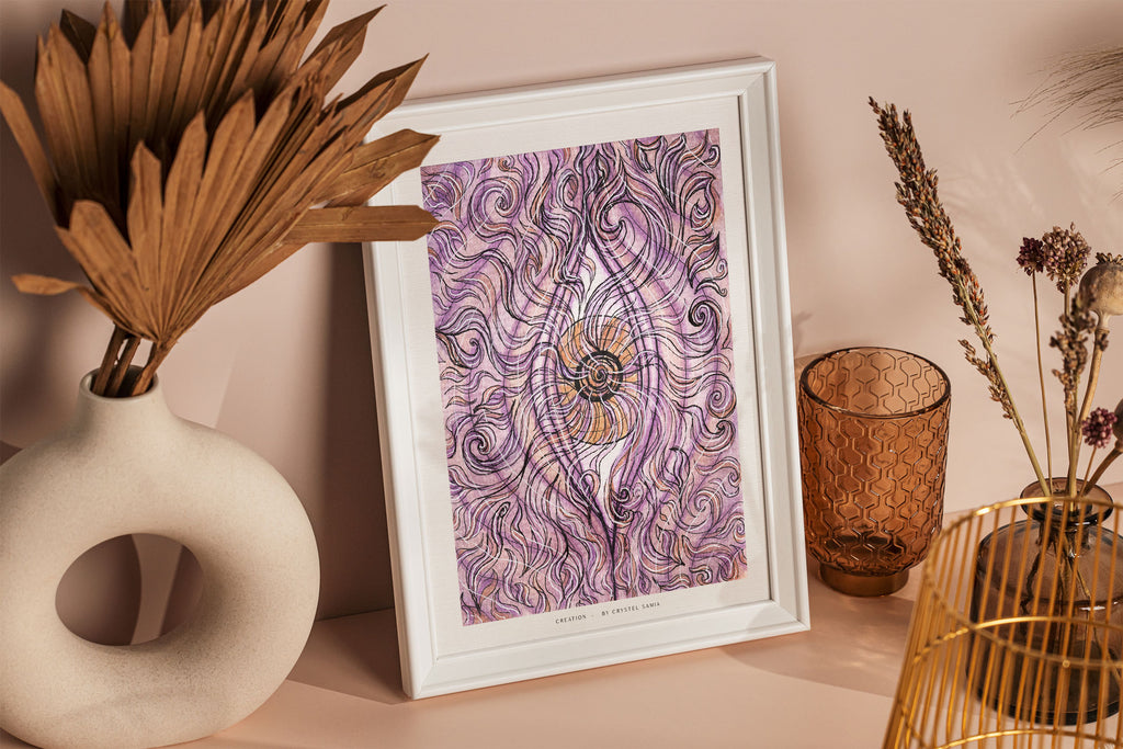 "Creation" Art Print Artwork line Art patterns colorful Signed by Artist organic visionary home decoration wall hangings watercolor and ink