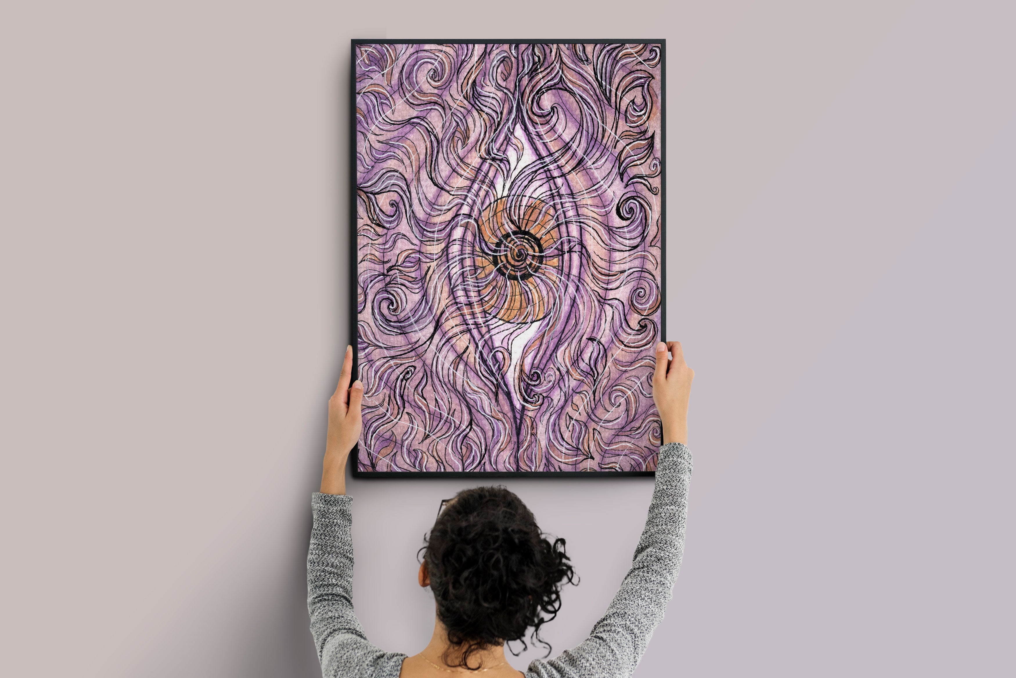 "Creation" Art Print Artwork line Art patterns colorful Signed by Artist organic visionary home decoration wall hangings watercolor and ink