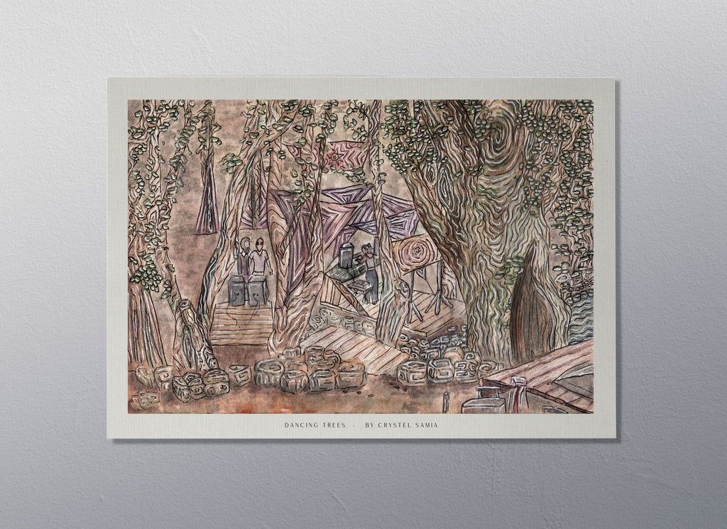 DANCING TREES - Limited Print from Original Hand-Painted Watercolor and Ink Artwork earthy colors rave scene