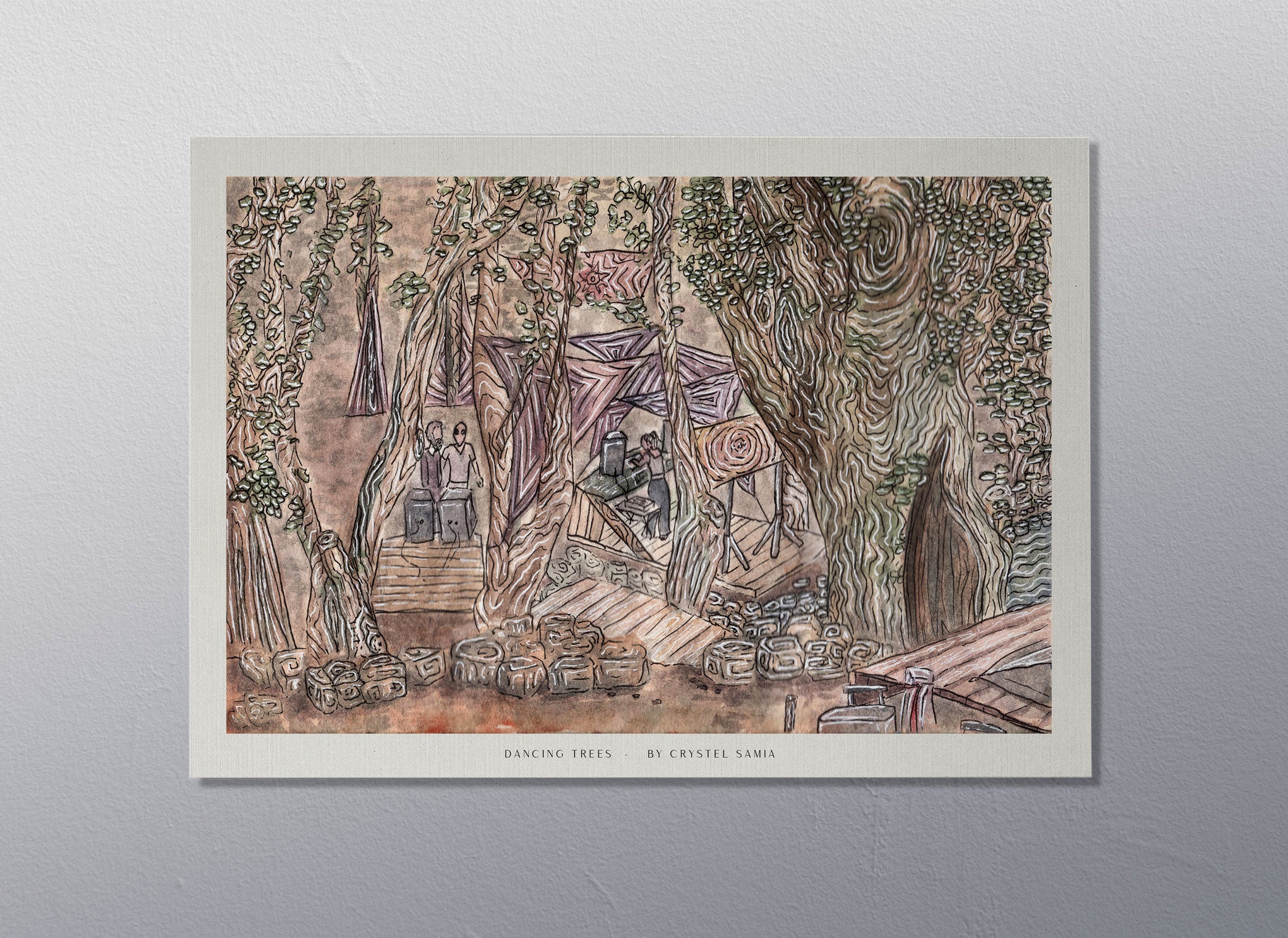 DANCING TREES - Limited Print from Original Hand-Painted Watercolor and Ink Artwork earthy colors rave scene