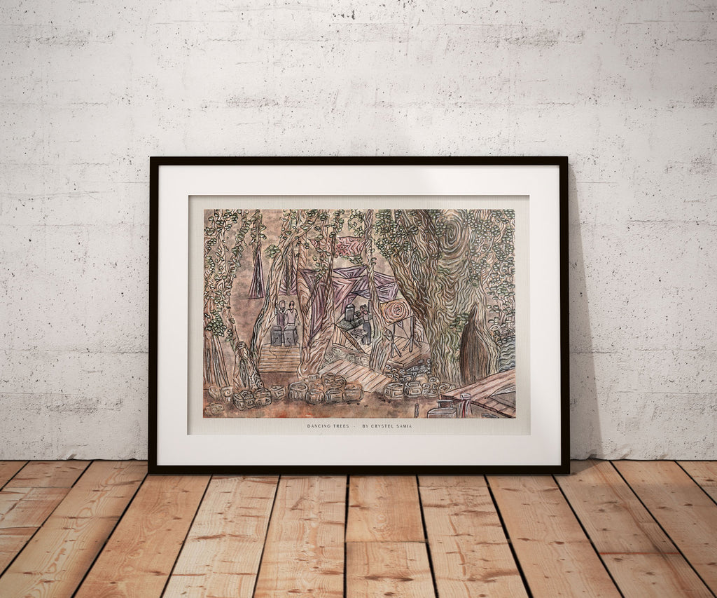 DANCING TREES - Limited Print from Original Hand-Painted Watercolor and Ink Artwork earthy colors rave scene