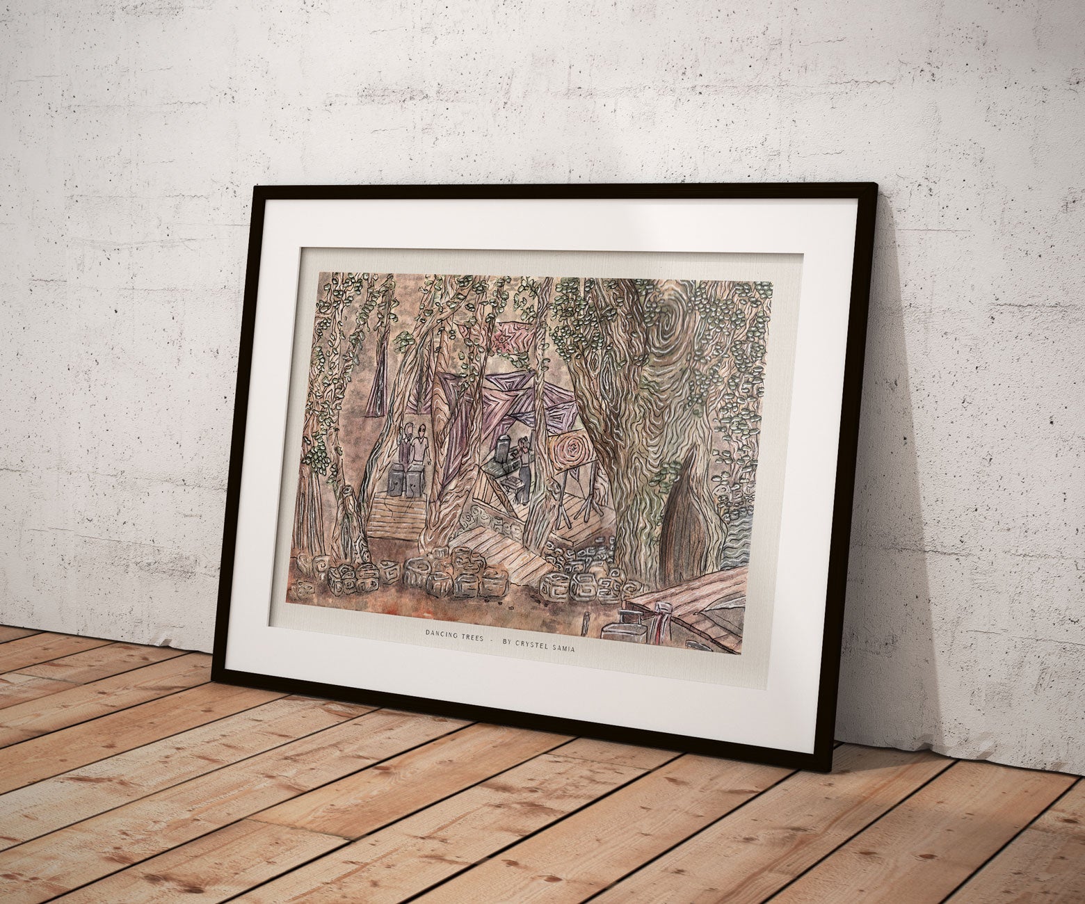 DANCING TREES - Limited Print from Original Hand-Painted Watercolor and Ink Artwork earthy colors rave scene