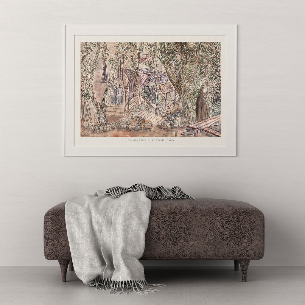 DANCING TREES - Limited Print from Original Hand-Painted Watercolor and Ink Artwork earthy colors rave scene