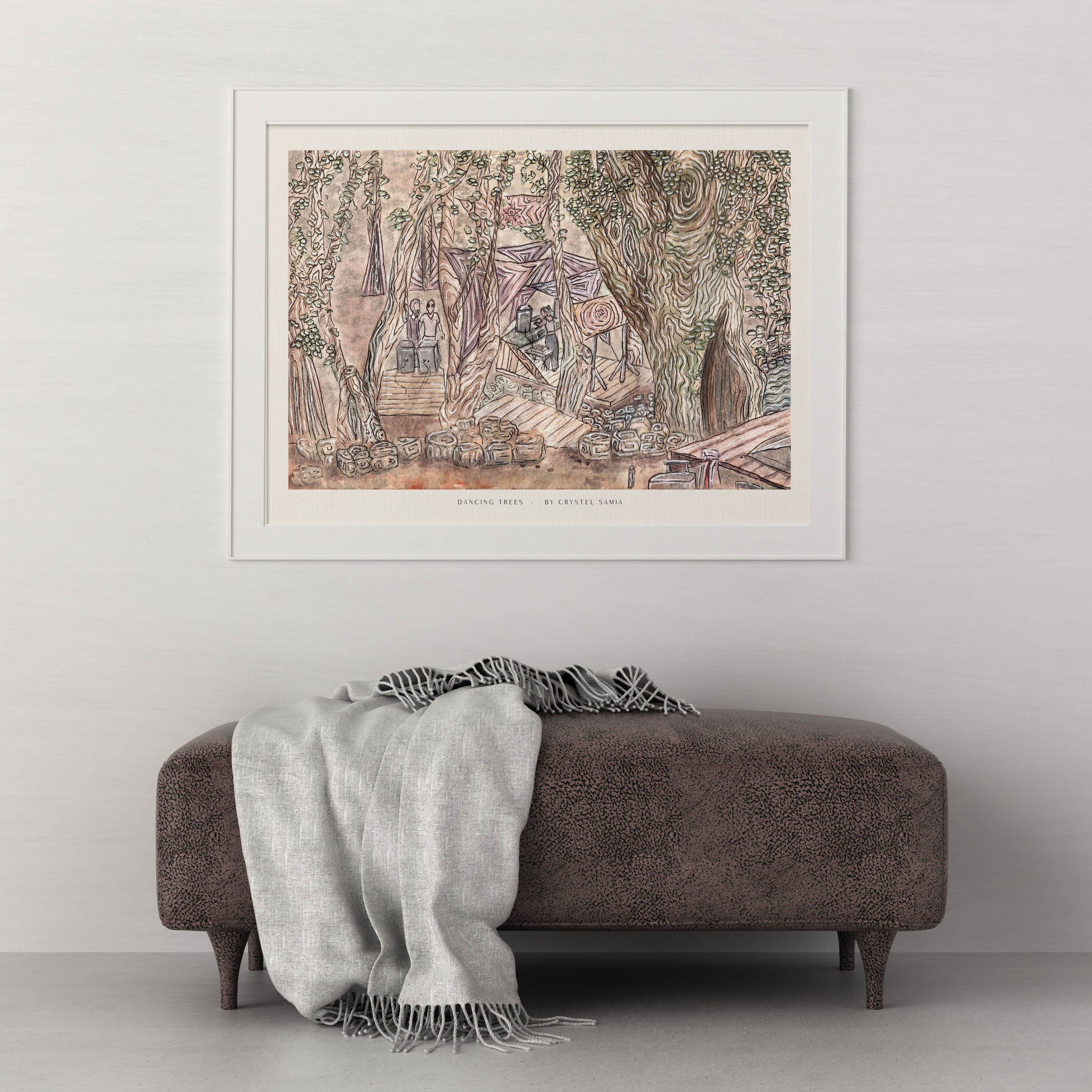 DANCING TREES - Limited Print from Original Hand-Painted Watercolor and Ink Artwork earthy colors rave scene