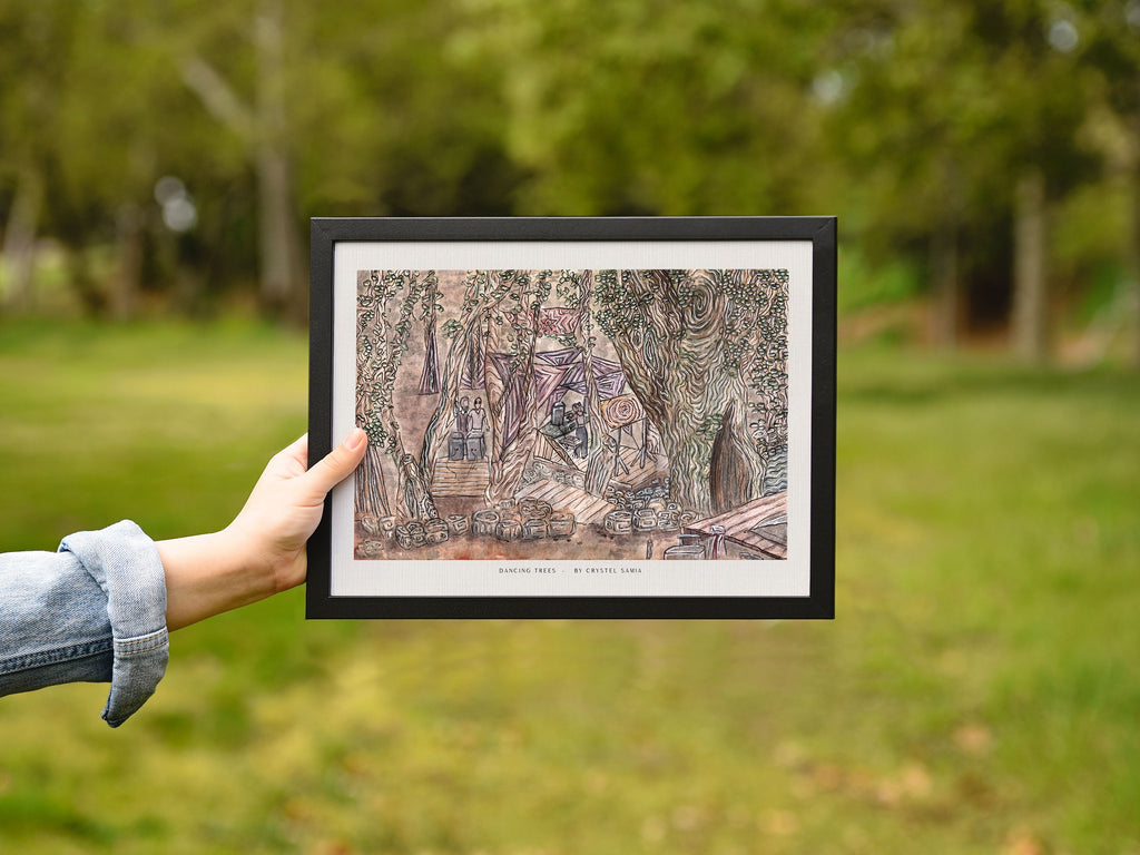 DANCING TREES - Limited Print from Original Hand-Painted Watercolor and Ink Artwork earthy colors rave scene