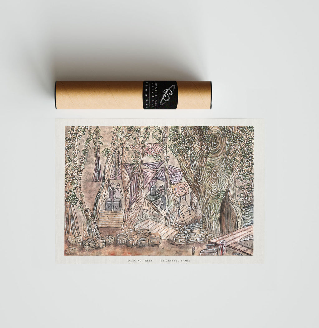 DANCING TREES - Limited Print from Original Hand-Painted Watercolor and Ink Artwork earthy colors rave scene
