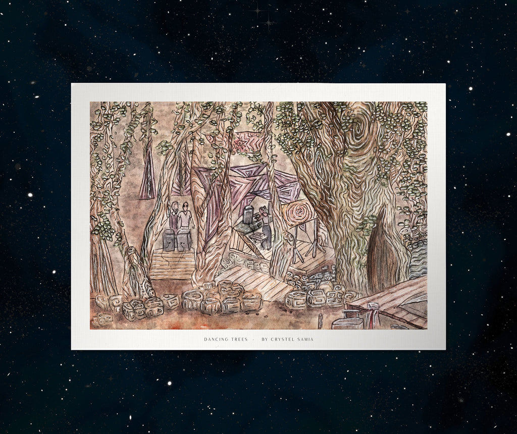 DANCING TREES - Limited Print from Original Hand-Painted Watercolor and Ink Artwork earthy colors rave scene