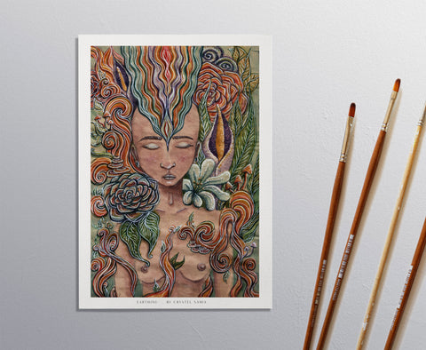 "Earthing" Art Print Artwork line Art patterns colorful Signed by Artist organic visionary home decoration wall hangings Watercolor and Ink women floral