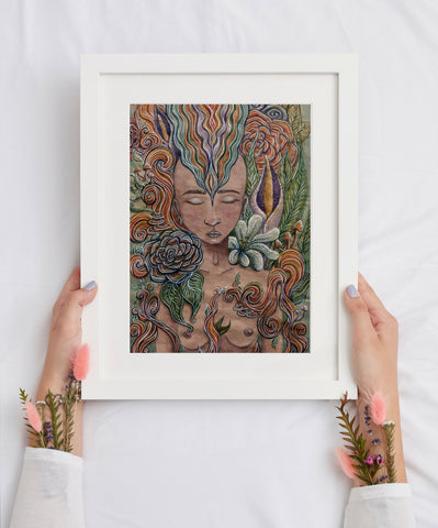 "Earthing" Art Print Artwork line Art patterns colorful Signed by Artist organic visionary home decoration wall hangings Watercolor and Ink women floral