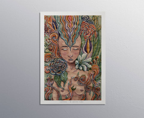 "Earthing" Art Print Artwork line Art patterns colorful Signed by Artist organic visionary home decoration wall hangings Watercolor and Ink women floral