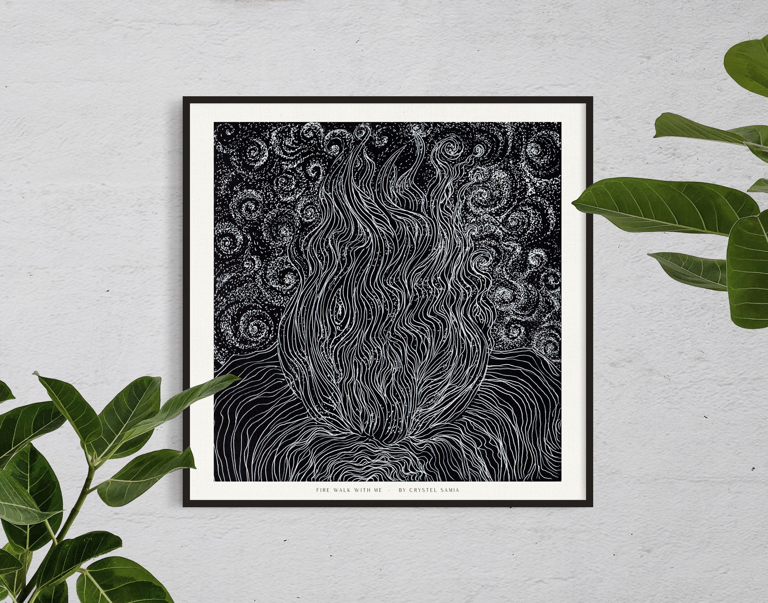 Black and White Line Art and Dot Work from Original hand-drawn Artwork "Fire Walk With Me" Signed by Artist and Numbered Art Print on High Quality Canvas Paper, preserved in a Craft Tube black and white wavy spiraly dots