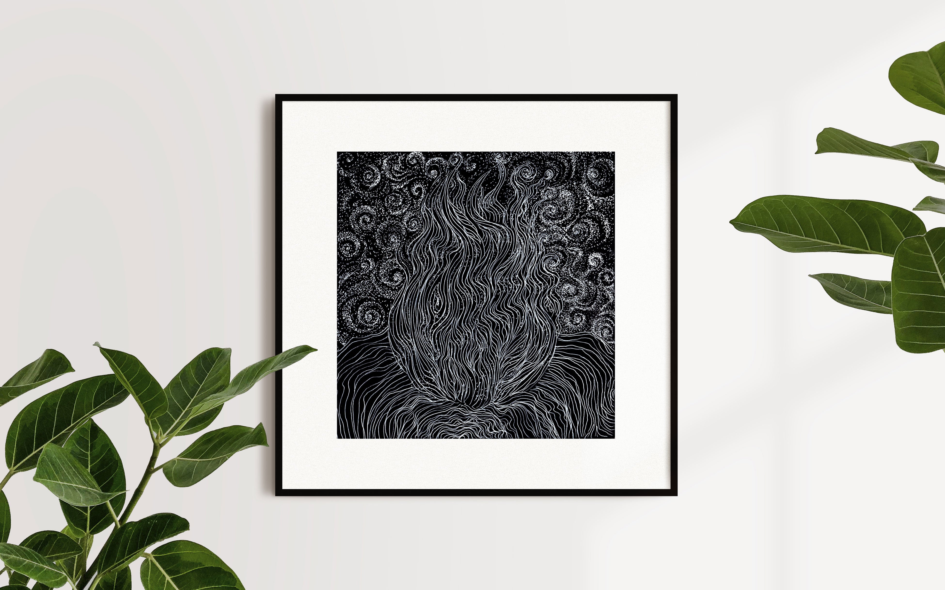 Black and White Line Art and Dot Work from Original hand-drawn Artwork "Fire Walk With Me" Signed by Artist and Numbered Art Print on High Quality Canvas Paper, preserved in a Craft Tube black and white wavy spiraly dots