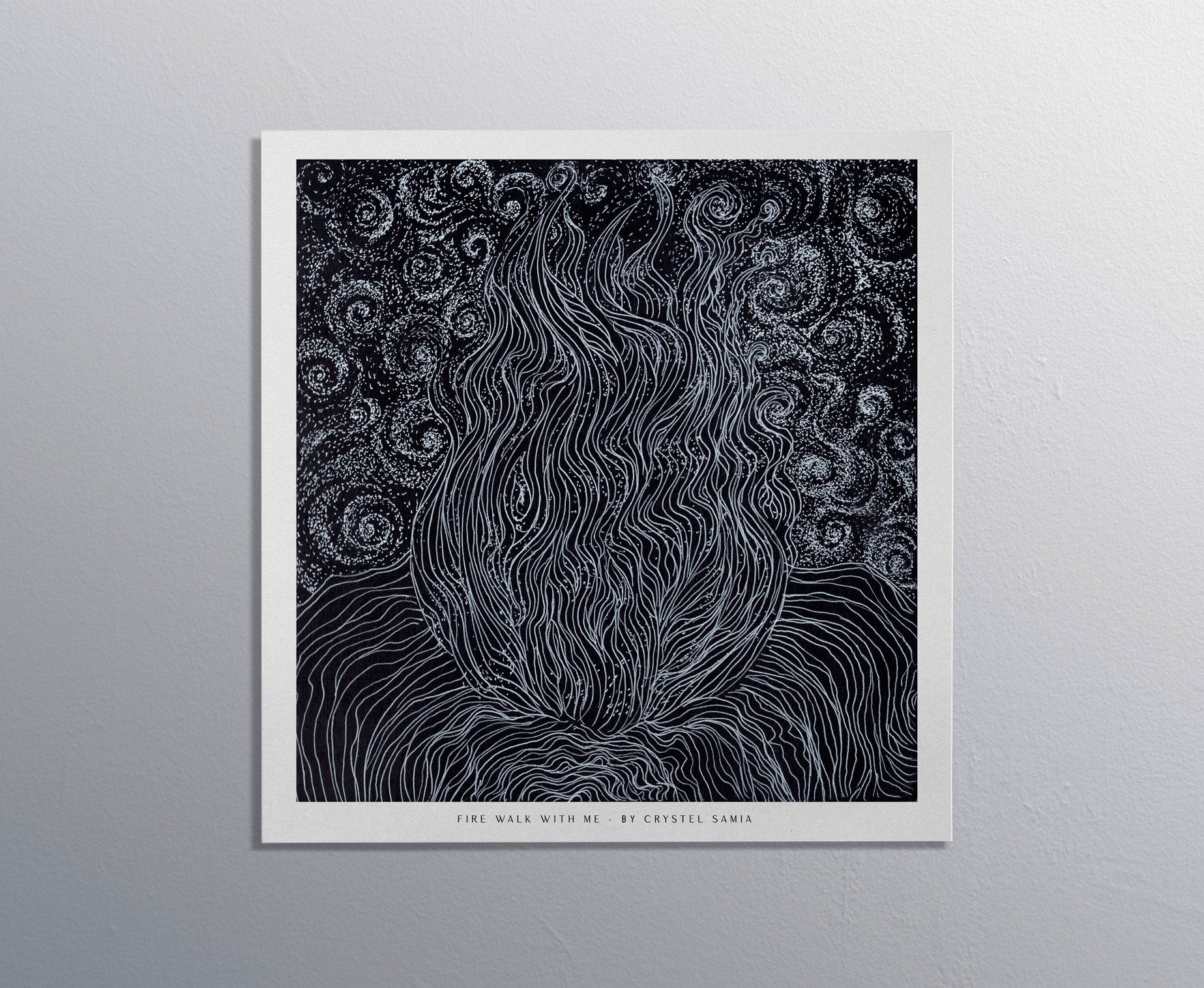 Black and White Line Art and Dot Work from Original hand-drawn Artwork "Fire Walk With Me" Signed by Artist and Numbered Art Print on High Quality Canvas Paper, preserved in a Craft Tube black and white wavy spiraly dots