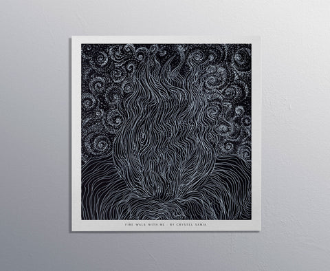 Black and White Line Art and Dot Work from Original hand-drawn Artwork "Fire Walk With Me" Signed by Artist and Numbered Art Print on High Quality Canvas Paper, preserved in a Craft Tube black and white wavy spiraly dots