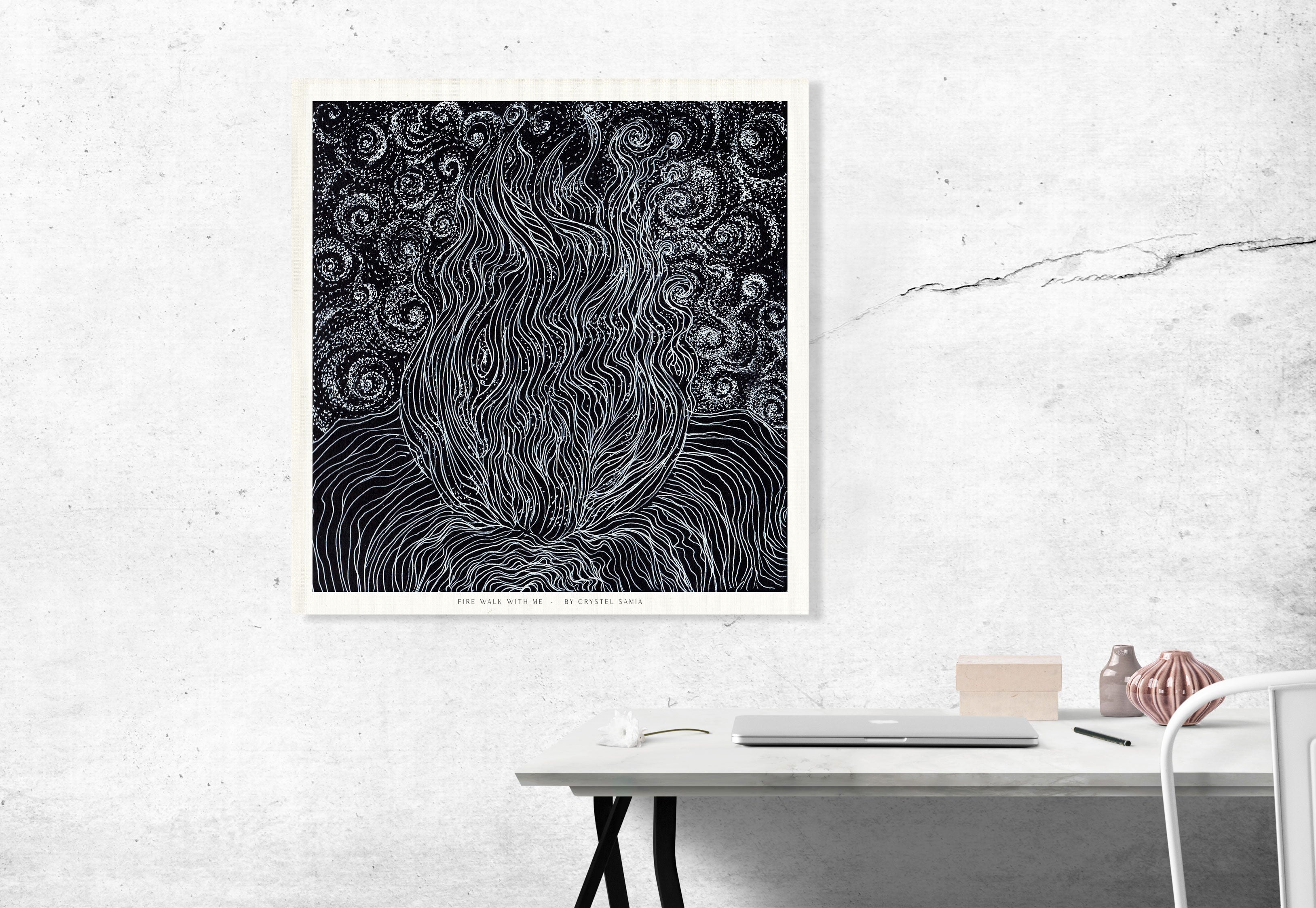 Black and White Line Art and Dot Work from Original hand-drawn Artwork "Fire Walk With Me" Signed by Artist and Numbered Art Print on High Quality Canvas Paper, preserved in a Craft Tube black and white wavy spiraly dots