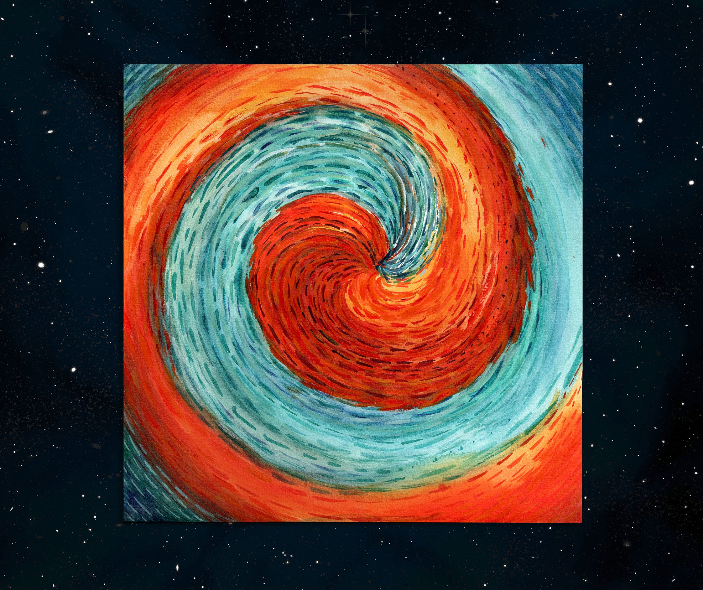 Fire & Water - Watercolor on Paper 1/1 Original Artwork blue red orange yellow spiral signed by artist