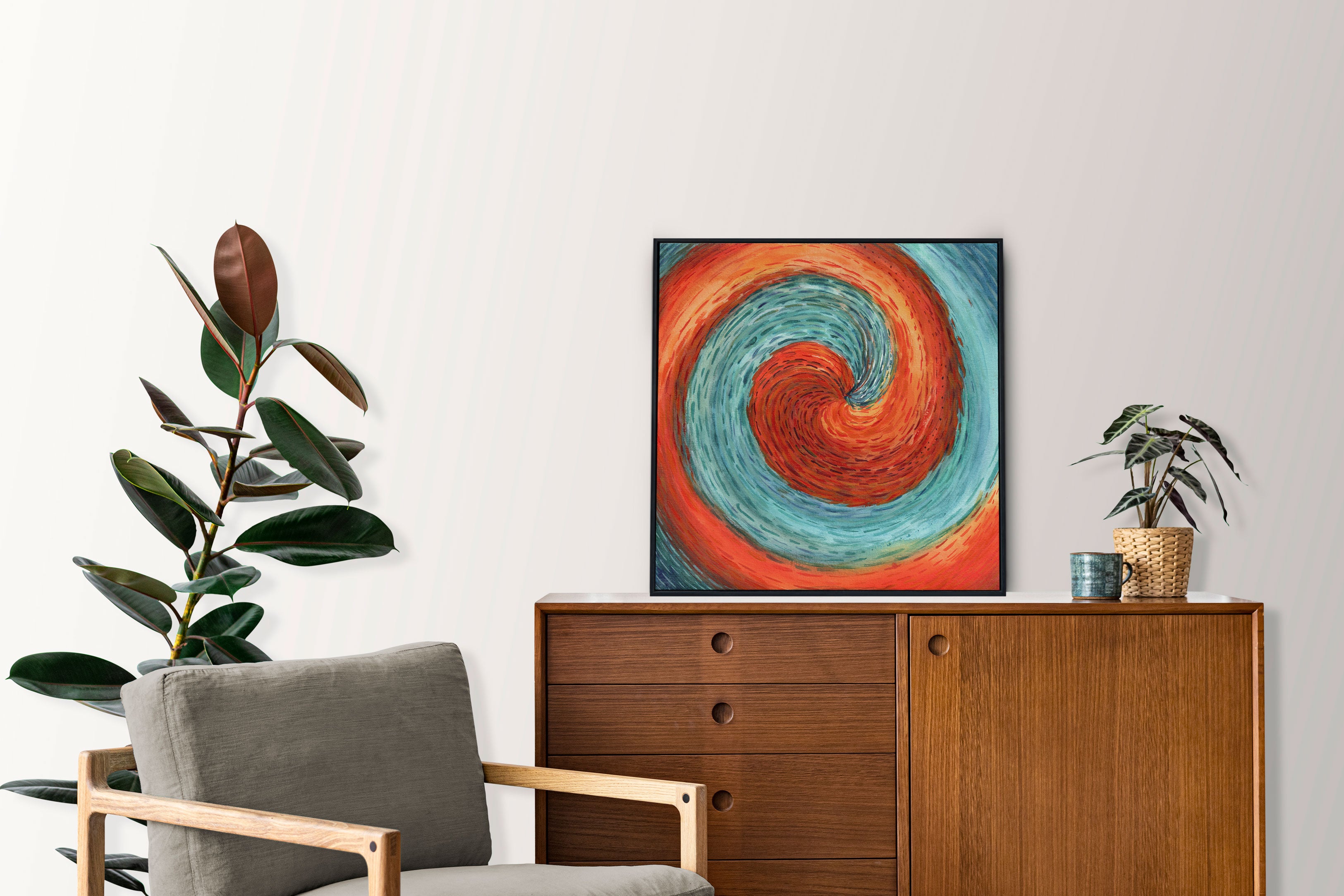 Fire & Water - Watercolor on Paper 1/1 Original Artwork blue red orange yellow spiral signed by artist