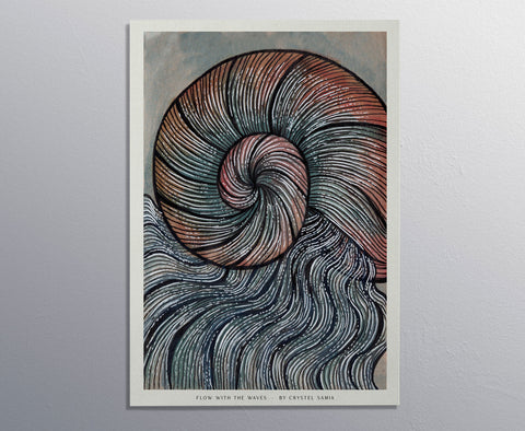 "Flow with the waves" limited Art Print Artwork line Art patterns colorful Signed by Artist organic visionary home decoration wall hangings watercolor and ink