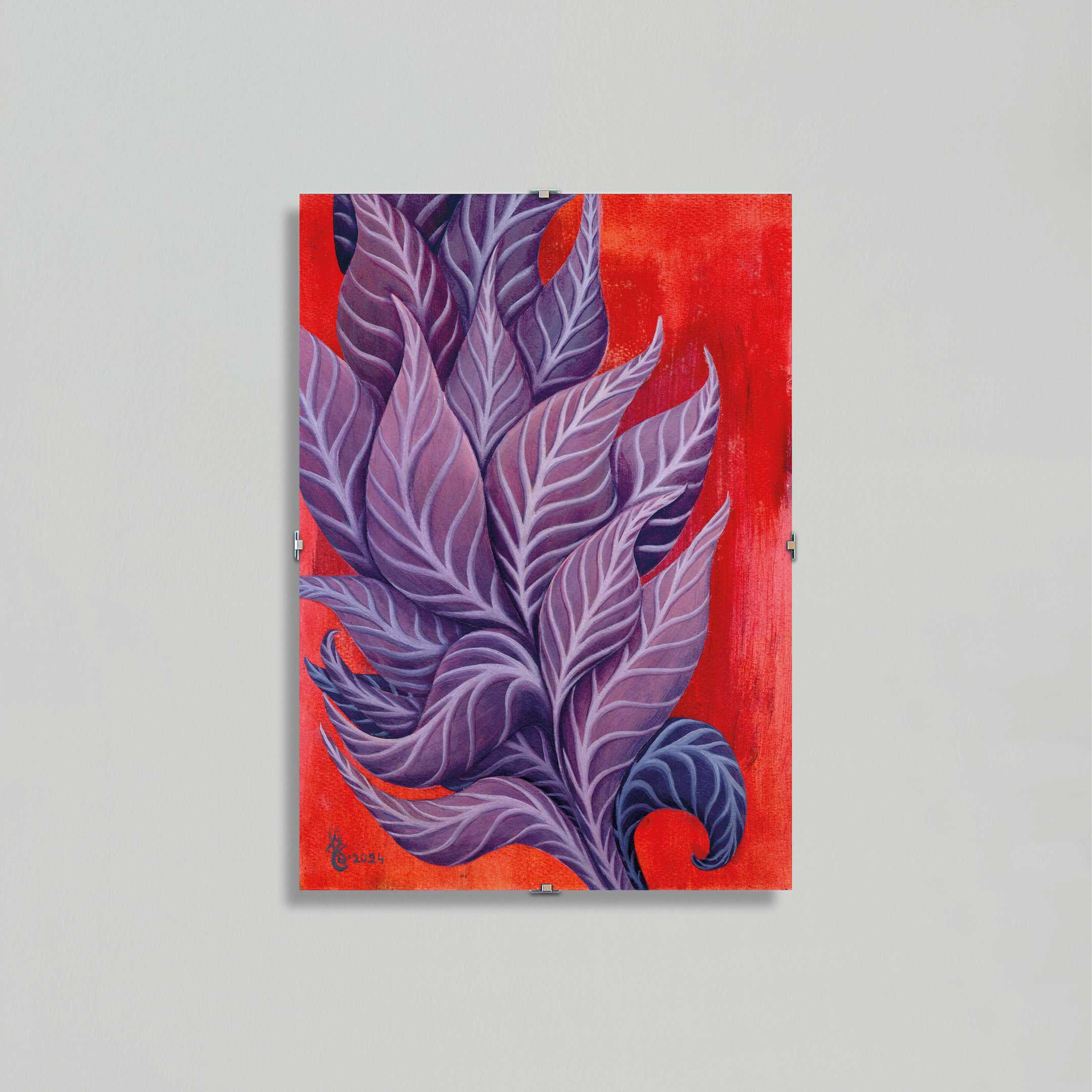 Follow the Light Original Oil on Canson Paper, 21x29.7 cm By Crystel Samia, orange/red background with purple, blue and magenta leaves going up and out of the frame- with glass frame minimalist decor