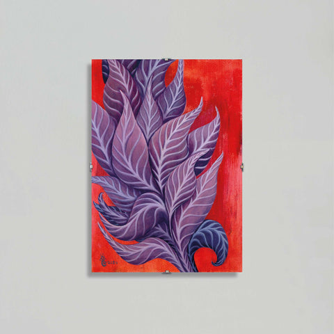 Follow the Light Original Oil on Canson Paper, 21x29.7 cm By Crystel Samia, orange/red background with purple, blue and magenta leaves going up and out of the frame- with glass frame minimalist decor