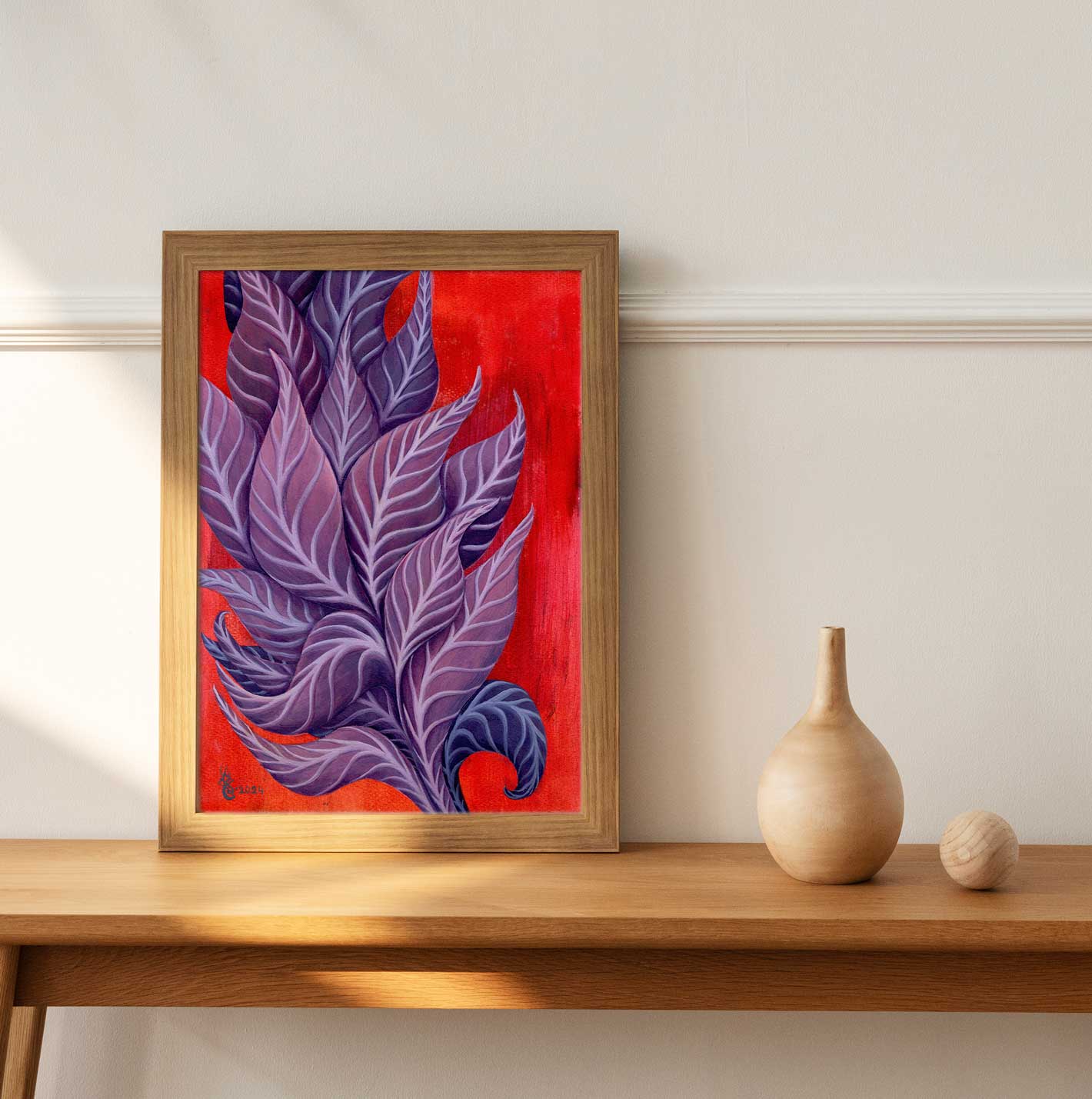 Follow the Light Original Oil on Canson Paper, 21x29.7 cm By Crystel Samia, orange/red background with purple, blue and magenta leaves going up and out of the frame- with wooden frame minimalist decor