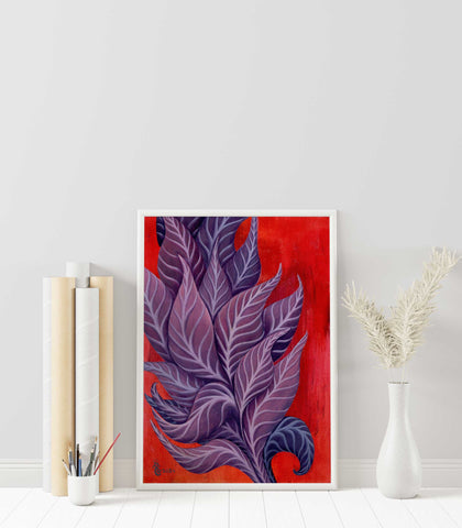 Follow the Light Original Oil on Canson Paper, 21x29.7 cm By Crystel Samia, orange/red background with purple, blue and magenta leaves going up and out of the frame- with frame minimalist decor