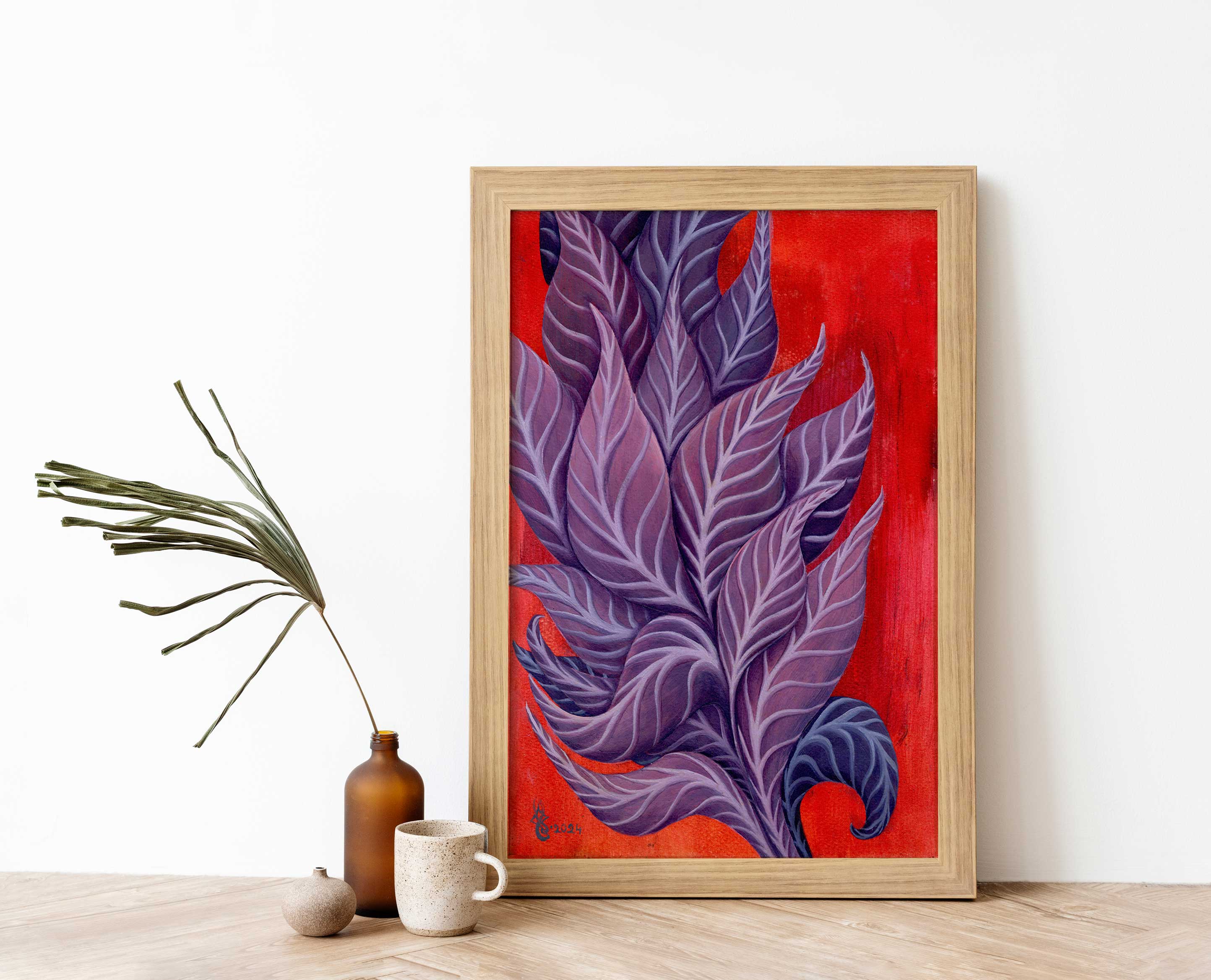 Follow the Light Original Oil on Canson Paper, 21x29.7 cm By Crystel Samia, orange/red background with purple, blue and magenta leaves going up and out of the frame- with wooden frame minimalist decor