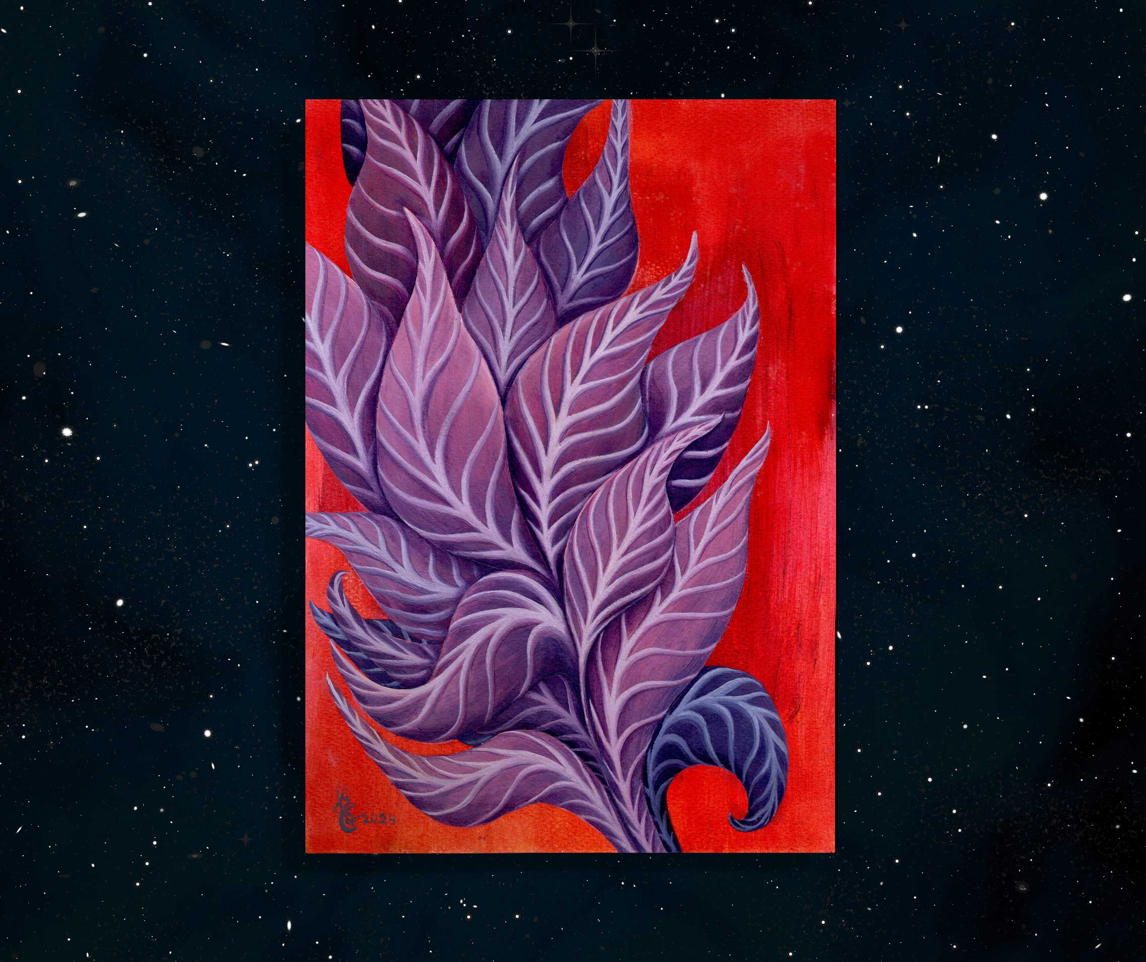 Follow the Light Original Oil on Canson Paper, 21x29.7 cm By Crystel Samia, orange/red background with purple, blue and magenta leaves going up and out of the frame