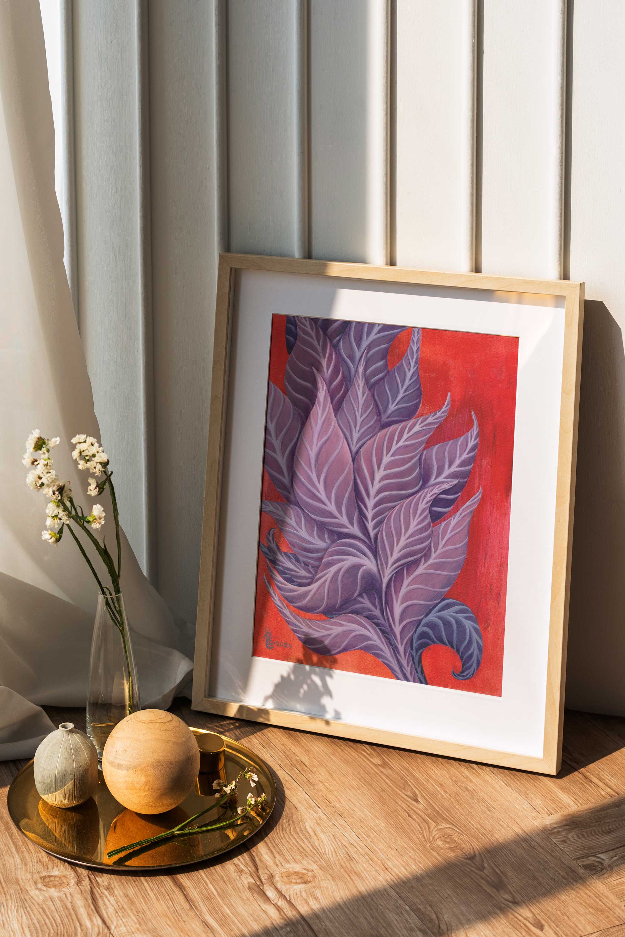 Follow the Light Original Oil on Canson Paper, 21x29.7 cm By Crystel Samia, orange/red background with purple, blue and magenta leaves going up and out of the frame- with frame minimalist decor signed by artist