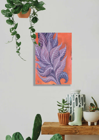 Follow the Light Original Oil on Canson Paper, 21x29.7 cm By Crystel Samia, orange/red background with purple, blue and magenta leaves going up and out of the frame- with frame minimalist decor -signed by artist