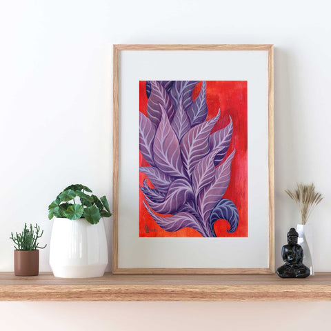 Follow the Light Original Oil on Canson Paper, 21x29.7 cm By Crystel Samia, orange/red background with purple, blue and magenta leaves going up and out of the frame- with frame minimalist decor signed by artist