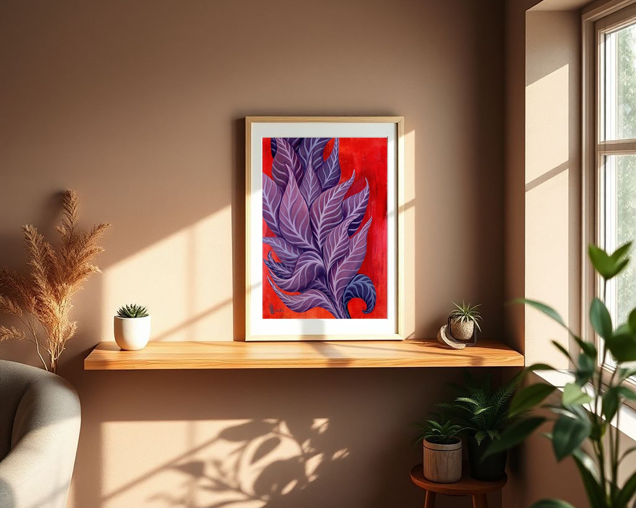 Follow the Light Original Oil on Canson Paper, 21x29.7 cm By Crystel Samia, orange/red background with purple, blue and magenta leaves going up and out of the frame- with glass frame minimalist decor therapist office