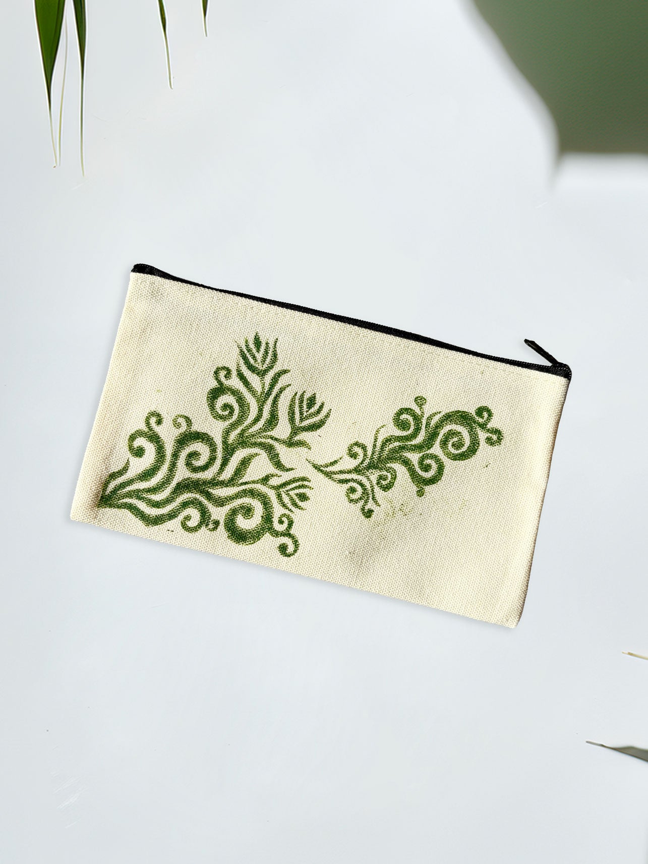 One-of-a-Kind Lino-Printed Linen Pouches - Green Floral