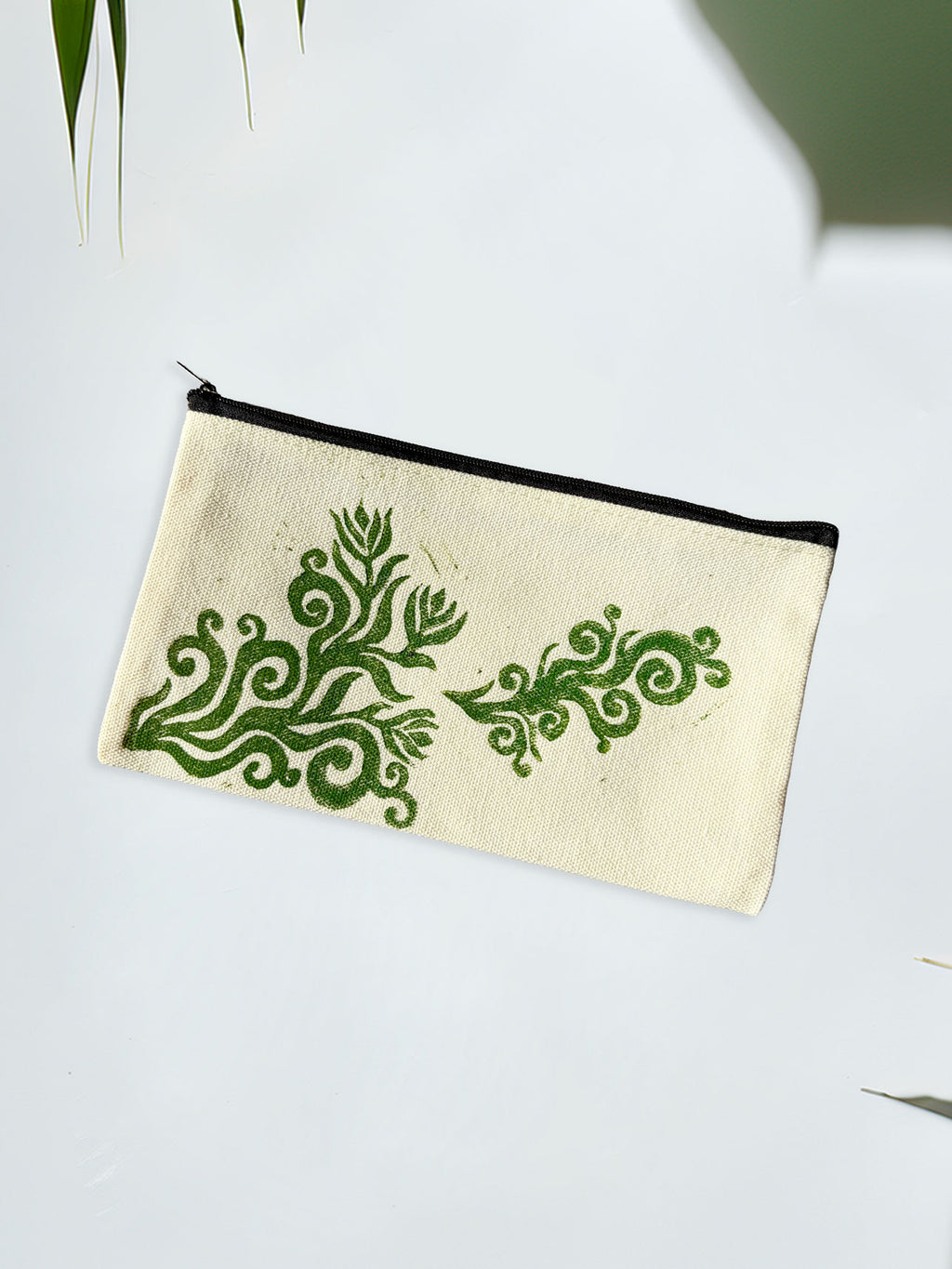 One-of-a-Kind Lino-Printed Linen Pouches - Green Floral