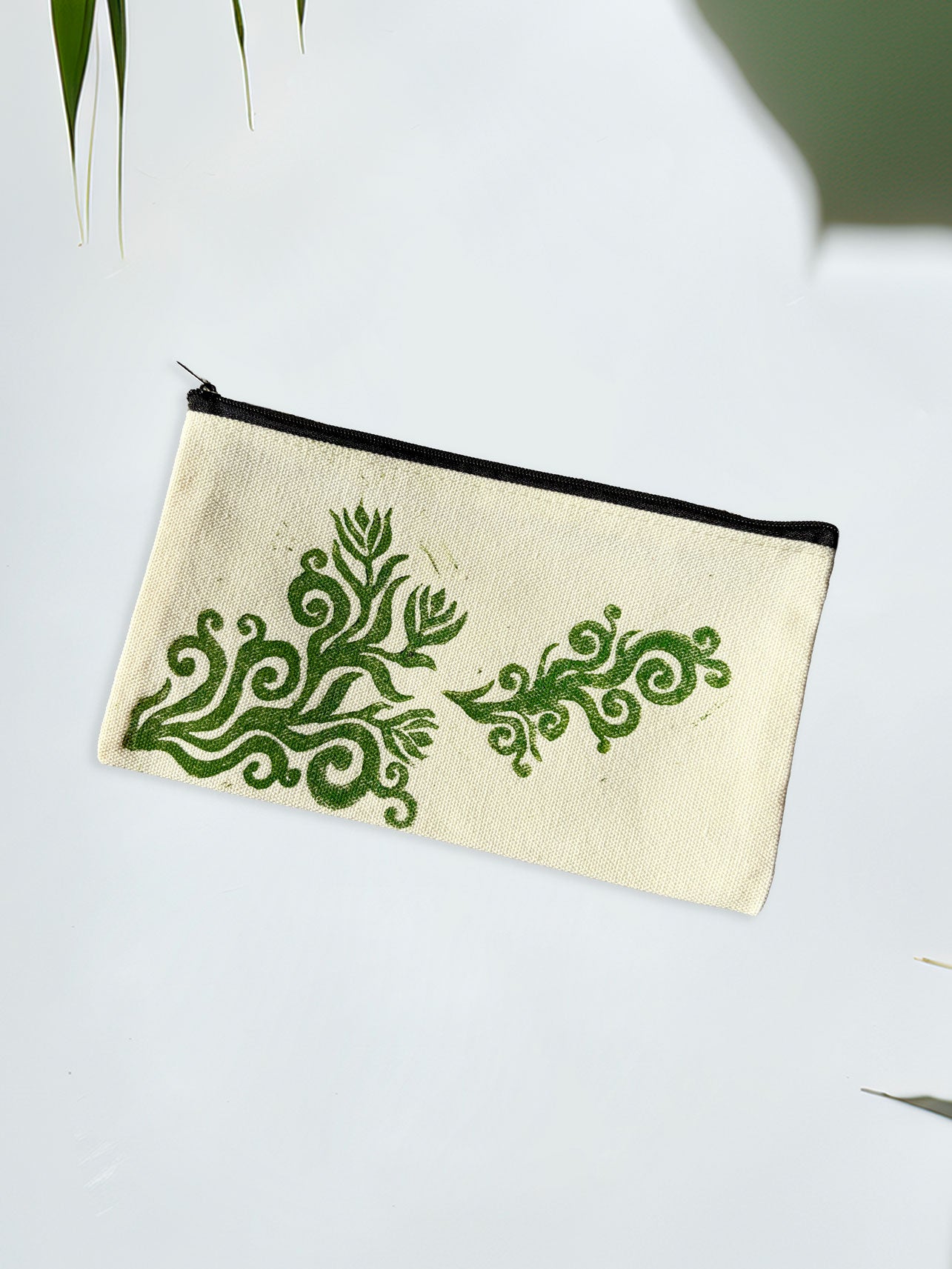 One-of-a-Kind Lino-Printed Linen Pouches - Green Floral