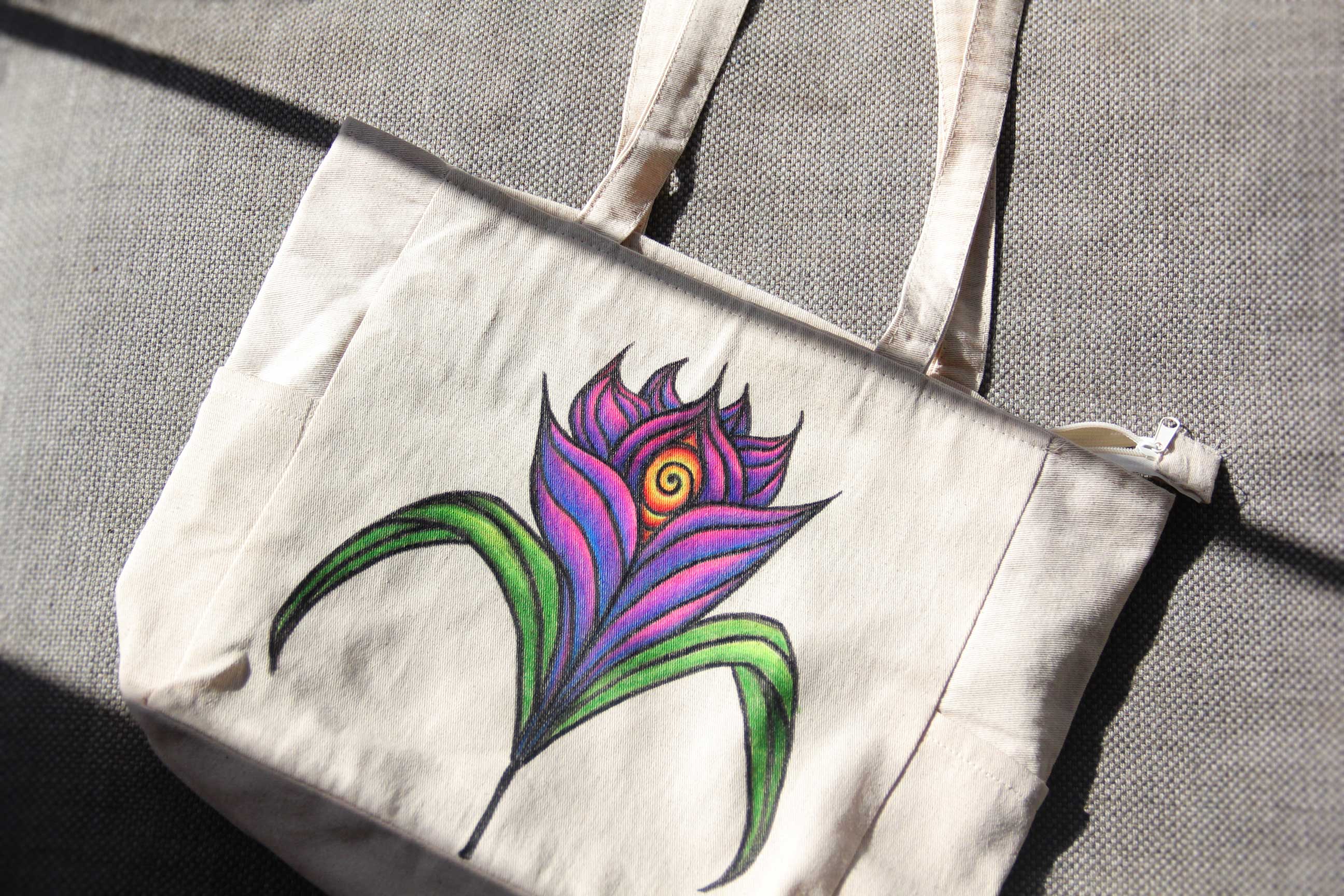 Hand-Painted colorful Nature flower-Inspired third eye large Tote Bag with pockets and zip_