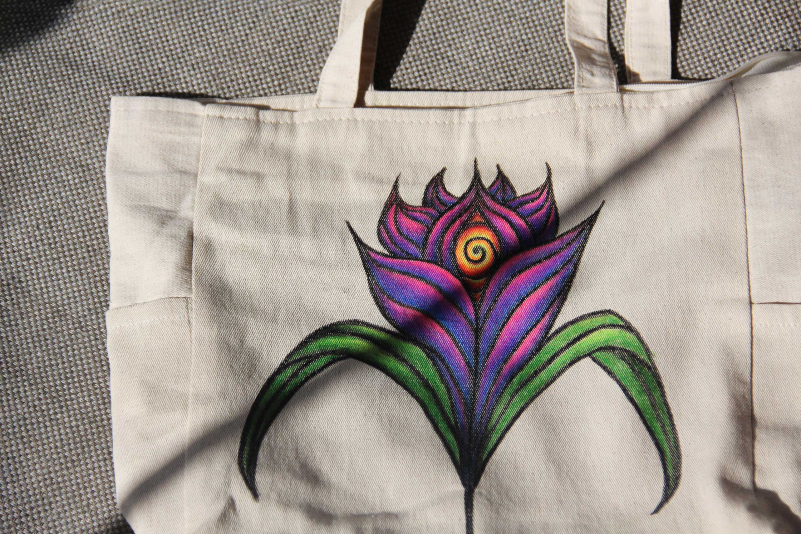 Hand-Painted colorful Nature flower-Inspired third eye large Tote Bag with pockets and zip_ rave fashion hike water pockets