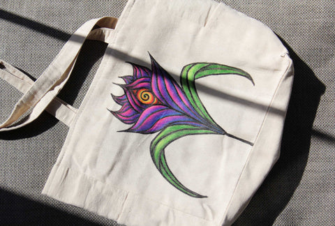 Hand-Painted colorful Nature flower-Inspired third eye large Tote Bag with pockets and zip rave fashion