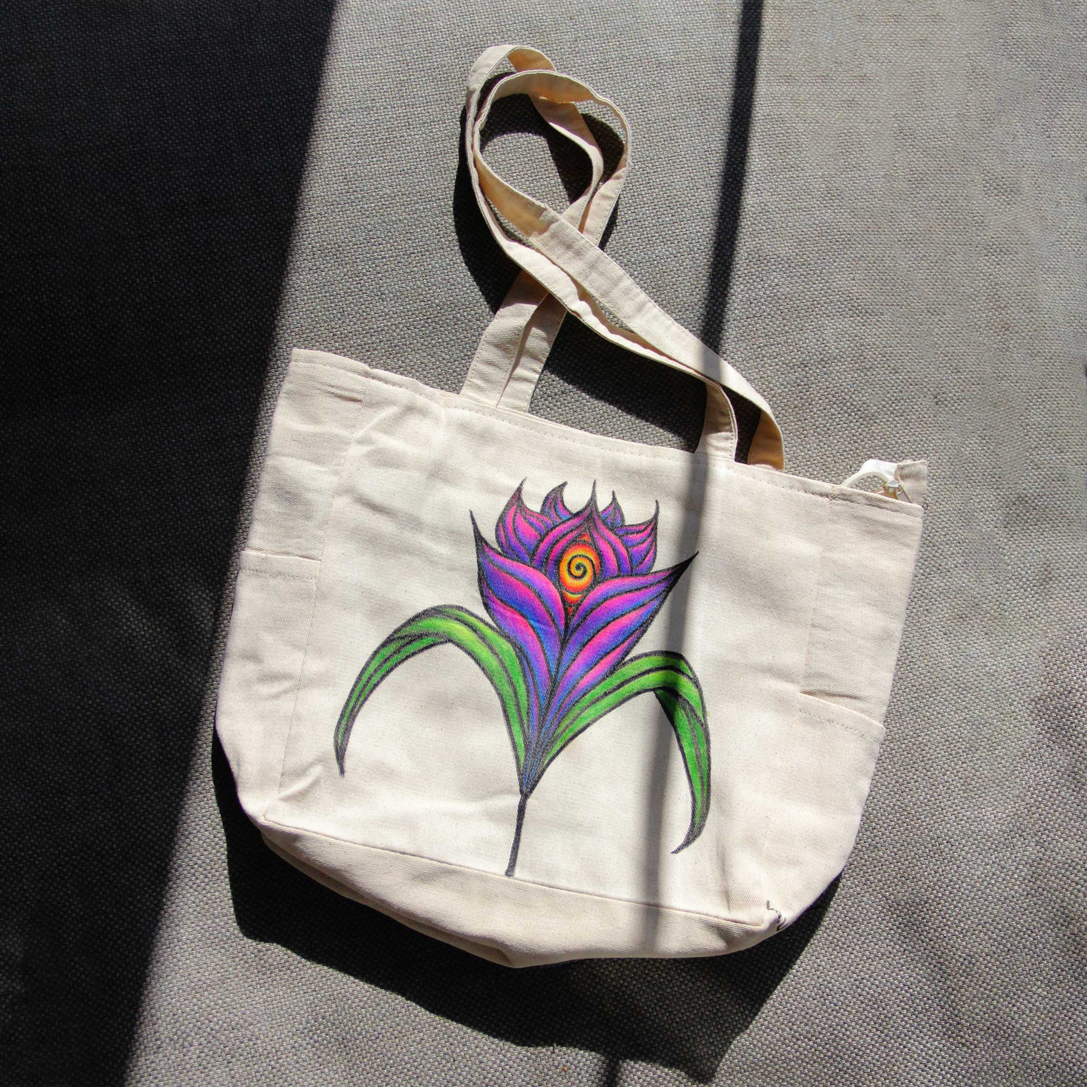 Hand-Painted colorful Nature flower-Inspired third eye large Tote Bag with pockets and zip rave fashion