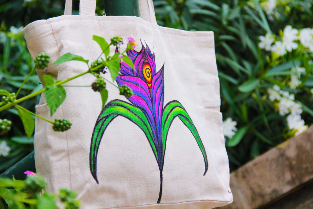 Hand-Painted colorful Nature flower-Inspired third eye large Tote Bag with pockets and zip rave fashion