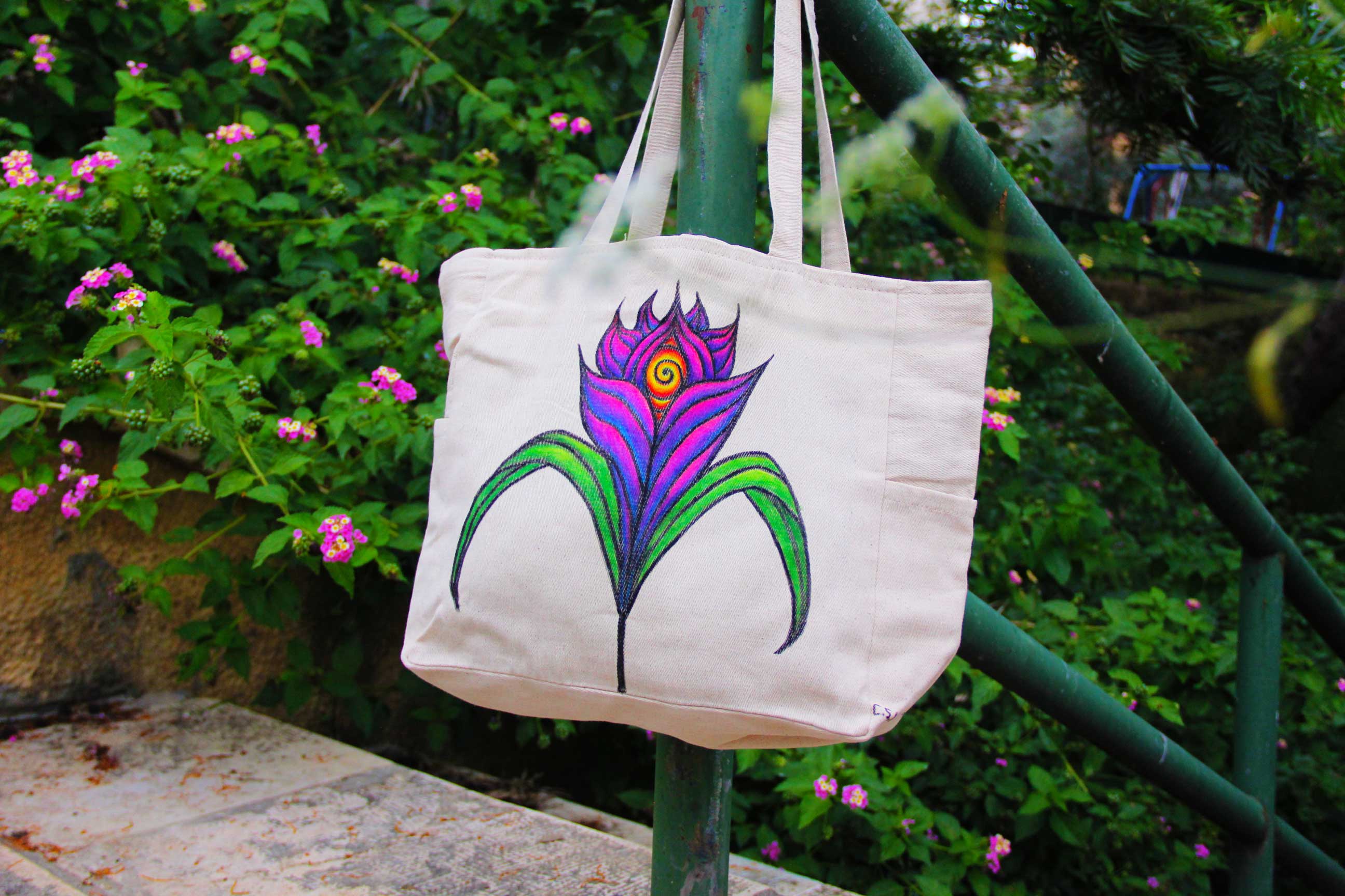 Hand-Painted colorful Nature flower-Inspired third eye large Tote Bag with pockets and zip rave fashion