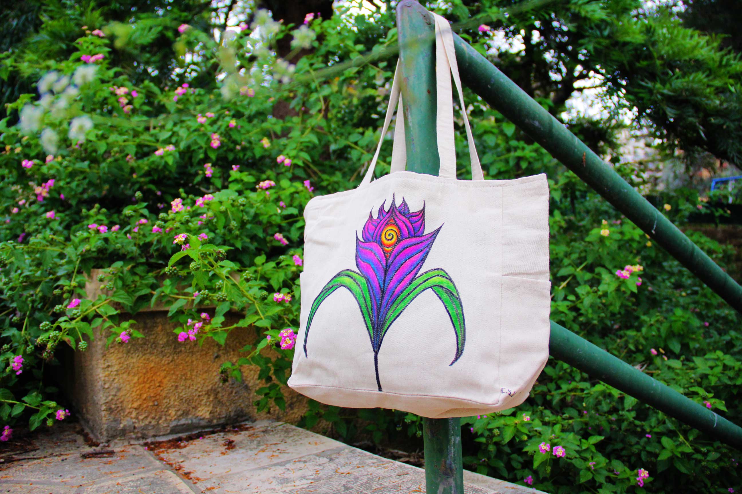 Hand-Painted colorful Nature flower-Inspired third eye large Tote Bag with pockets and zip rave fashion