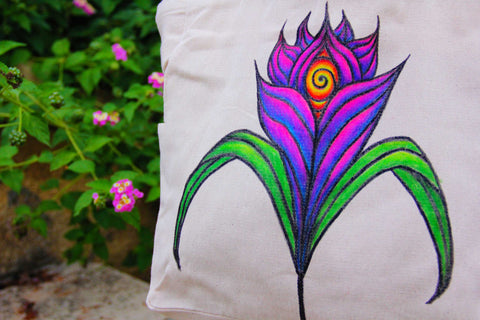 Hand-Painted colorful Nature flower-Inspired third eye large Tote Bag with pockets and zip rave fashion