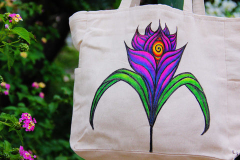 Hand-Painted colorful Nature flower-Inspired third eye large Tote Bag with pockets and zip rave fashion