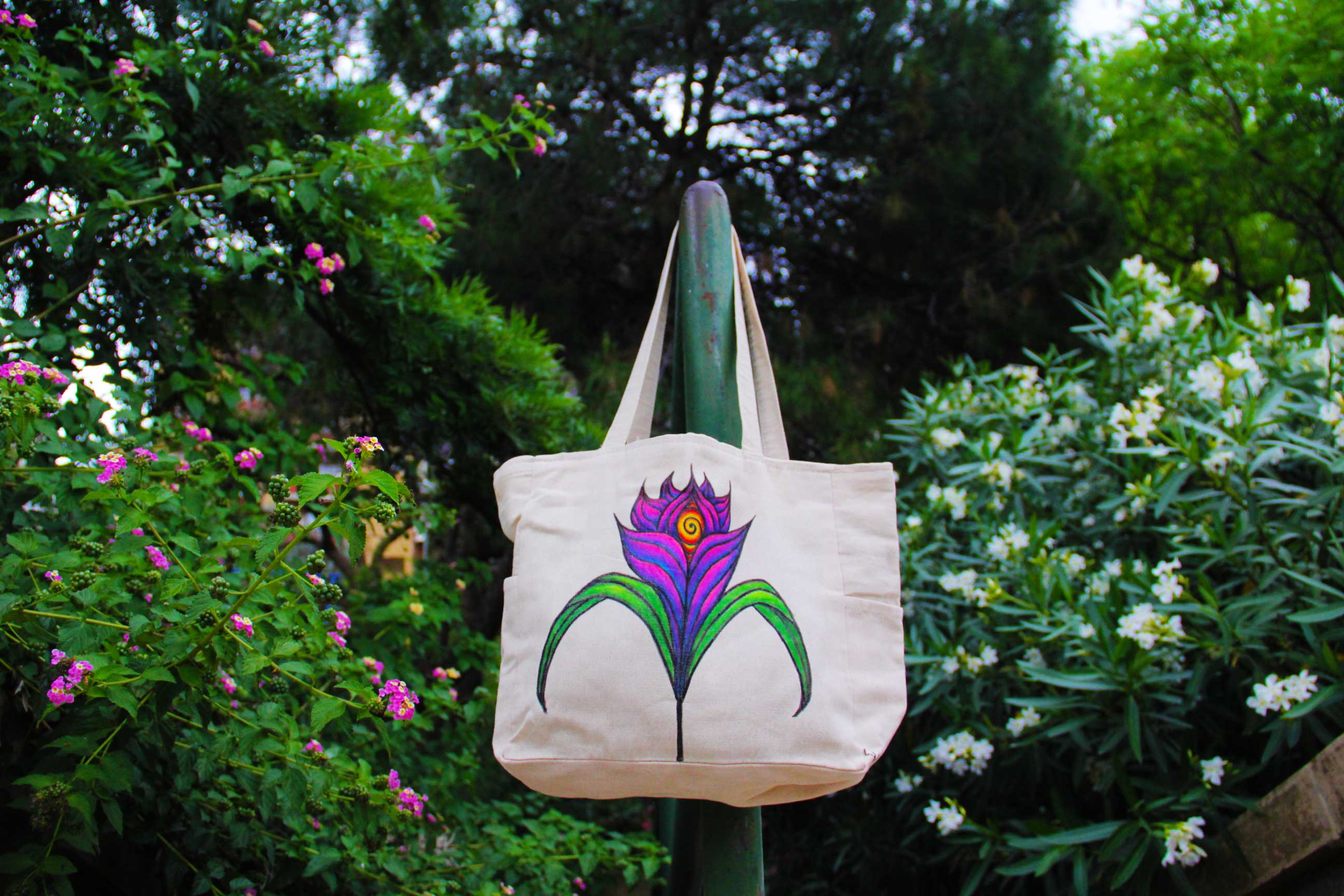 Hand-Painted colorful Nature flower-Inspired third eye large Tote Bag with pockets and zip rave fashion