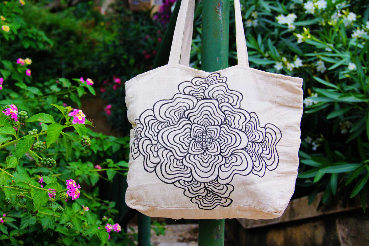 Hand-Painted Nature-Inspired large Tote Bag with pockets and zip