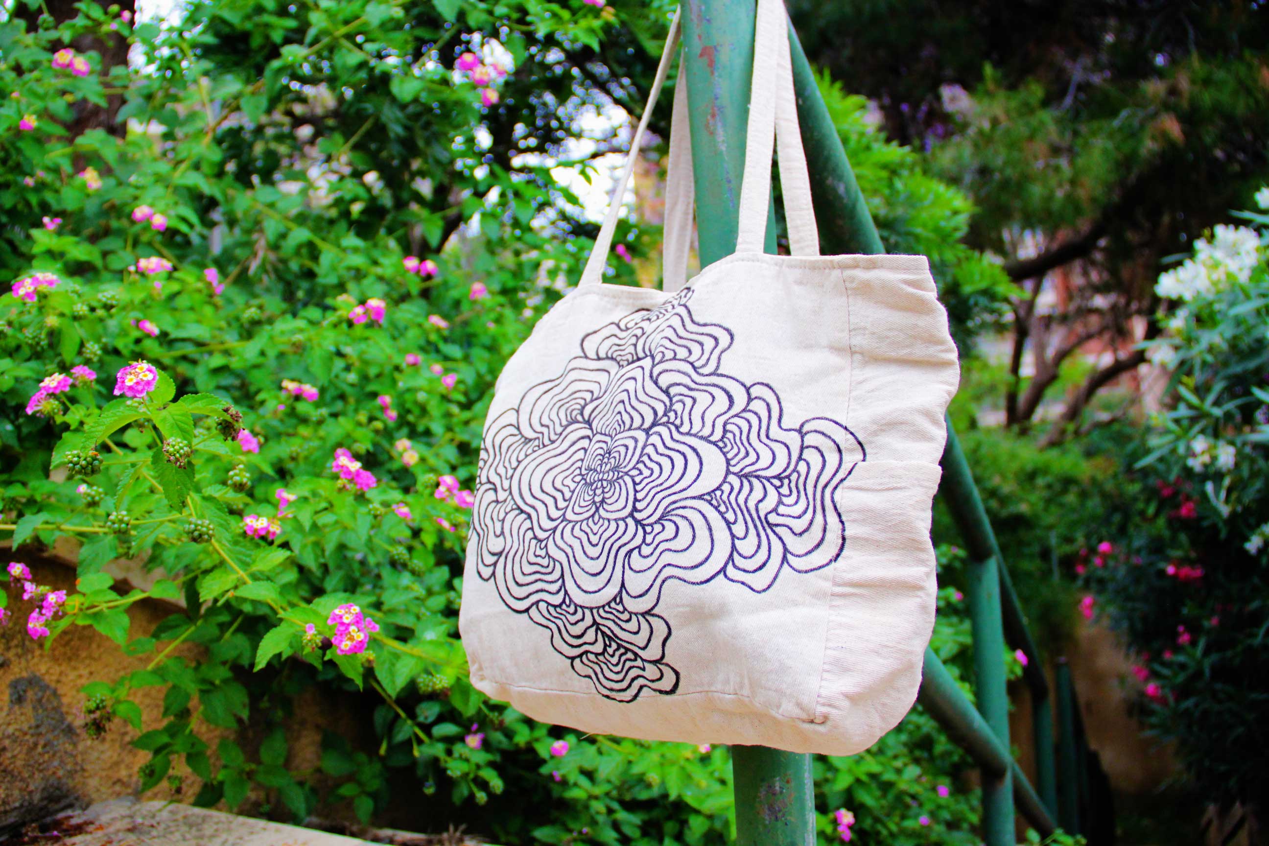 Hand-Painted Nature-Inspired large Tote Bag with pockets and zip